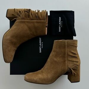 YSL Saint Laurent Suede Brown Heeled Ankle Boots low heel